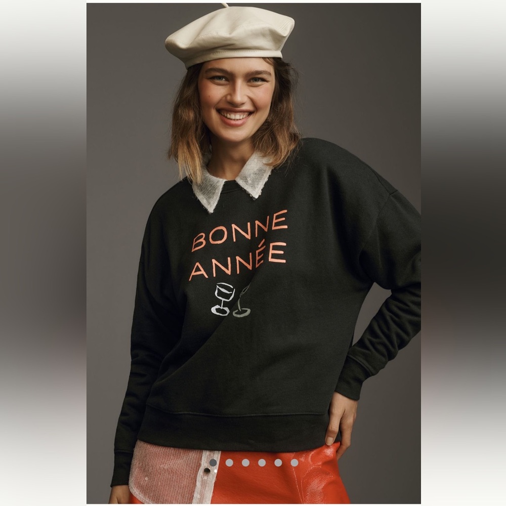 Anthropologie Maeve Bonne Anne Varsity Crew Pullover Black Sz XS